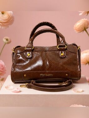 Steve Madden Brown Patent Satchel with Gold Hardware